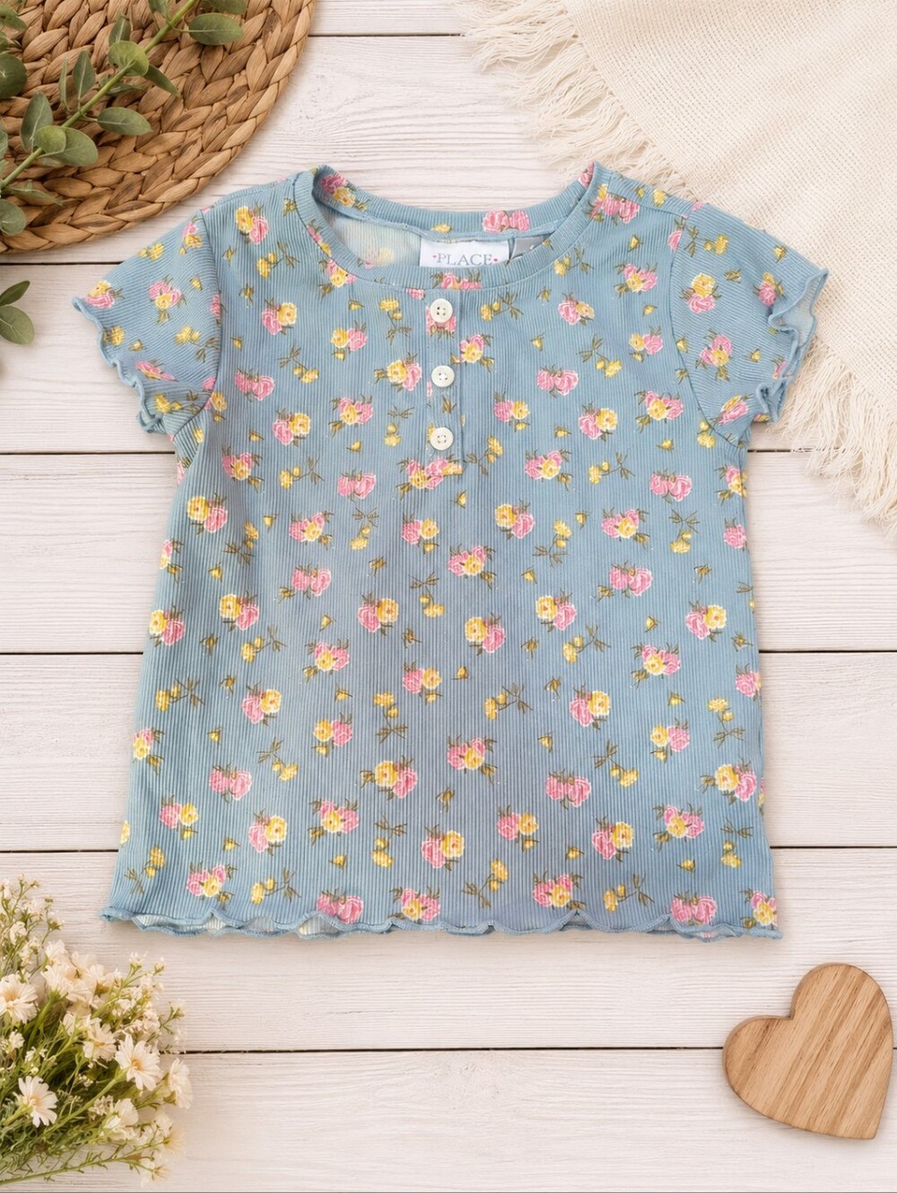 Place Girls Floral Ribbed Top | Size 4T Toddler | Blue